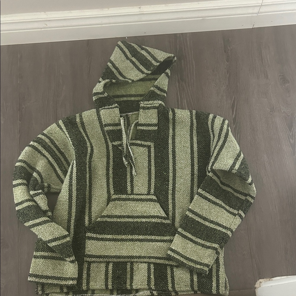 Striped Hooded Baja Pullover Sweater - Olive Green